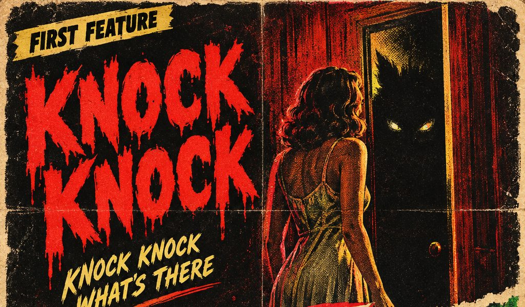 Pulp horror poster: a woman in a slip faces an open door, and yellow eyes glow in the dark behind it.