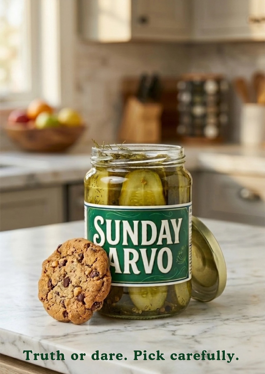 Poster: a jar of pickles labelled Sunday Arvo on a marble kitchen bench, a choc chip cookie leaning against it.
