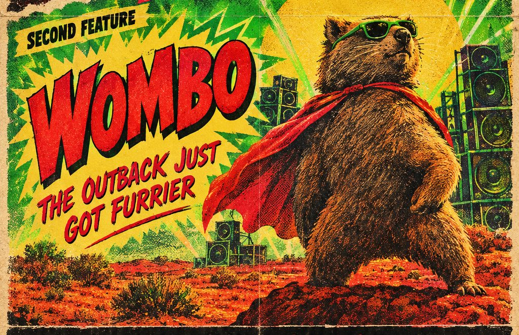 Poster for Wombo: a wombat in green sunglasses and a red cape stands in front of a desert stack of speakers.